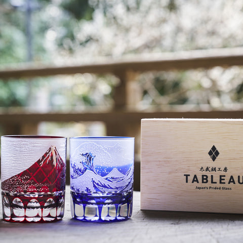 江戸切子 赤富士・波富士に矢来紋 オールドグラスペア 赤・ルリ ｜江戸