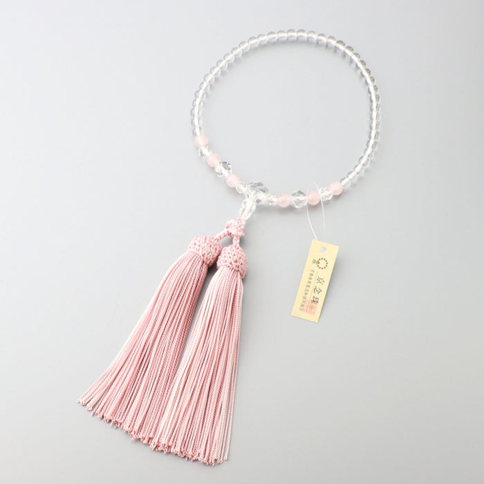 数珠 女性用 水晶丸玉5mm 水晶切子・紅水晶交互仕立 正絹蛍房(ピンクに