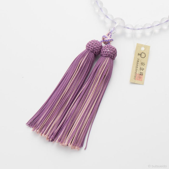 数珠・女性用 霧水晶切子8mm 紫水晶仕立 正絹平安襲（かさね）房（若紫