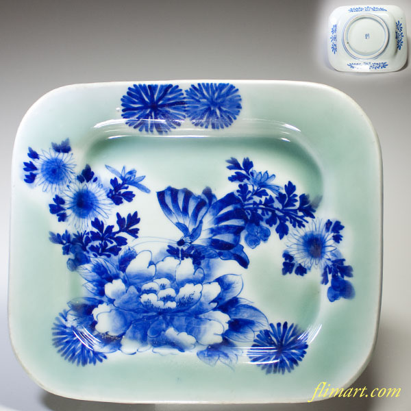 青磁染付花蝶文角皿W1237 | 和食器リサイクル通販専門店フリマート