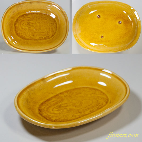 淡路焼珉平焼黄釉龍文小判皿五枚セット | 和食器リサイクル通販専門店