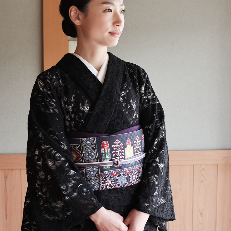 正絹 名古屋帯] 召しませ花 一重太鼓 京袋帯 snowy night (黒色×赤