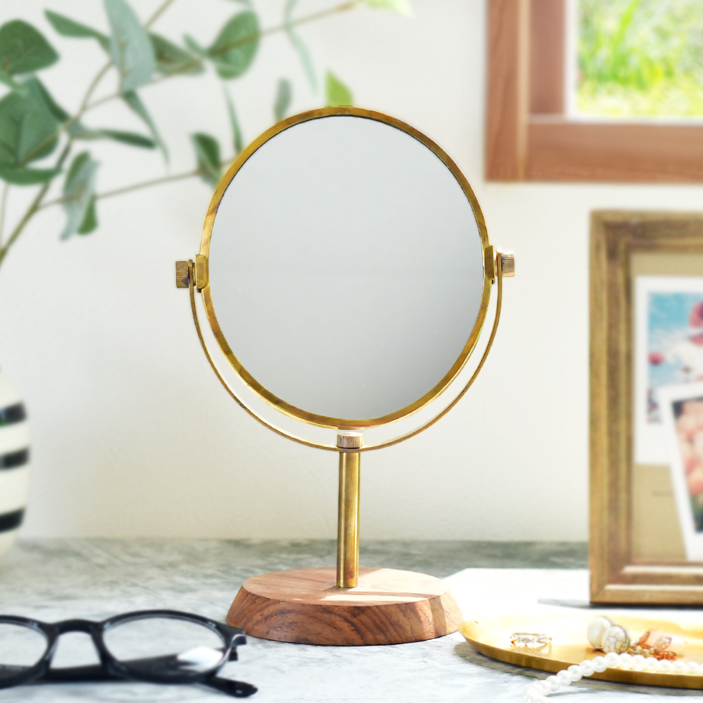 真鍮と紫檀の卓上ミラー 鏡 スタンド型 メイク 北欧 ナチュラル