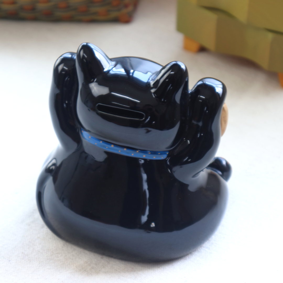 金運招き 黒猫貯金箱 置物 鈴付き 置き物 おしゃれ かわいい 開店祝い