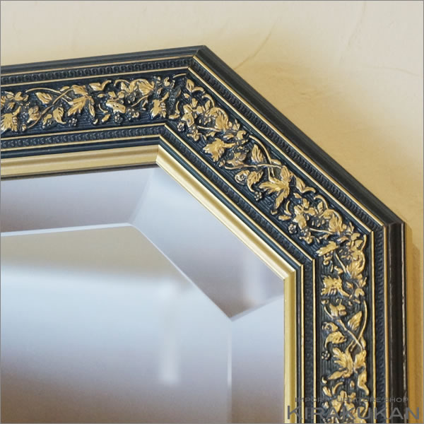 イタリア製 姿見ミラー 鏡 壁掛け 全身 八角ミラー ブルー＆ゴールド