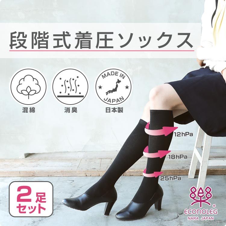 靴下 着圧ソックス 2足セット 着圧ハイソックス 段階式 黒 ベージュ