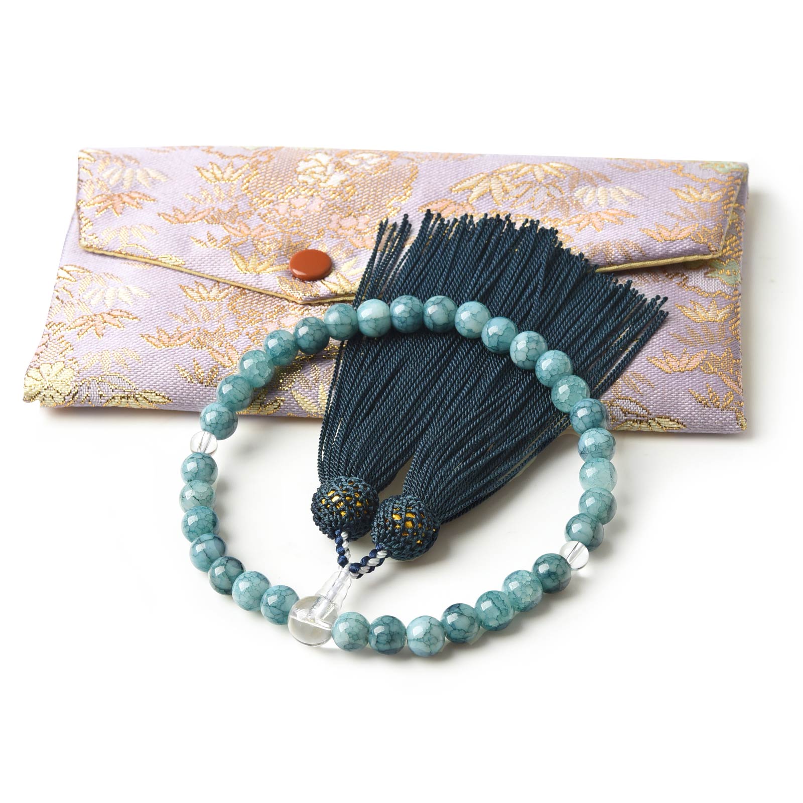 数珠 女性用 男性用 ブルードラゴンアゲート 西陣織金襴 数珠袋 付き