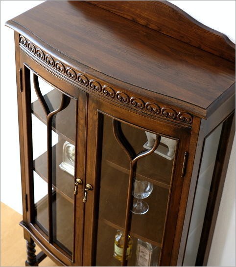 キャビネット ガラス扉 ガラスキャビネット アンティーク スリム 木製