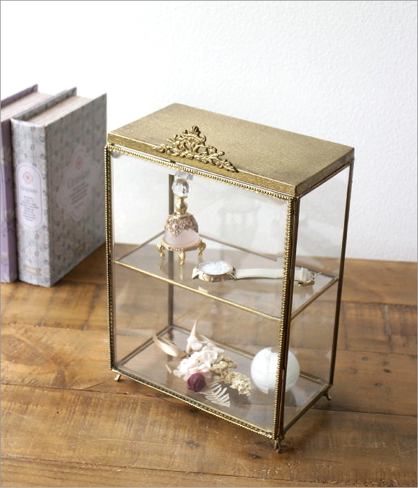 ショーケース 卓上 アンティーク ゴールド ガラス 透明 小物入れ 2段
