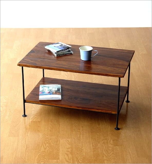 ローテーブル コンパクト 収納棚付き おしゃれ 木製 アイアン リビング