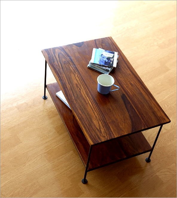 ローテーブル コンパクト 収納棚付き おしゃれ 木製 アイアン リビング