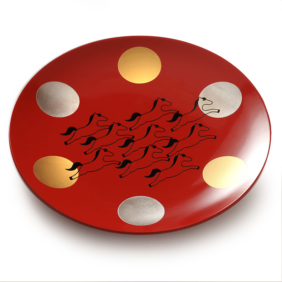 山田平安堂 宮内庁御用達 漆器 丸皿 干支日月 午（うま） : 漆器 山田