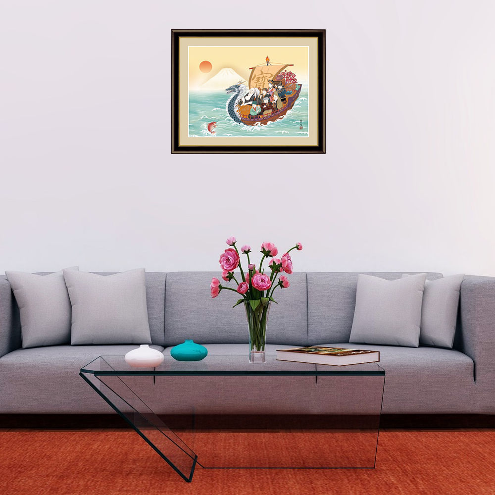 絵画額 七福神 宝船 北山歩生 額飾り 額絵 42cm×34cm 額入りアート送料