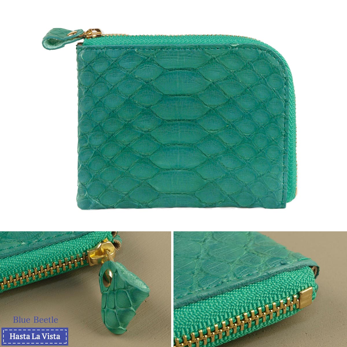 本革 コンパクト 財布 スリム L字ファスナー パイソン革 ヘビ 蛇