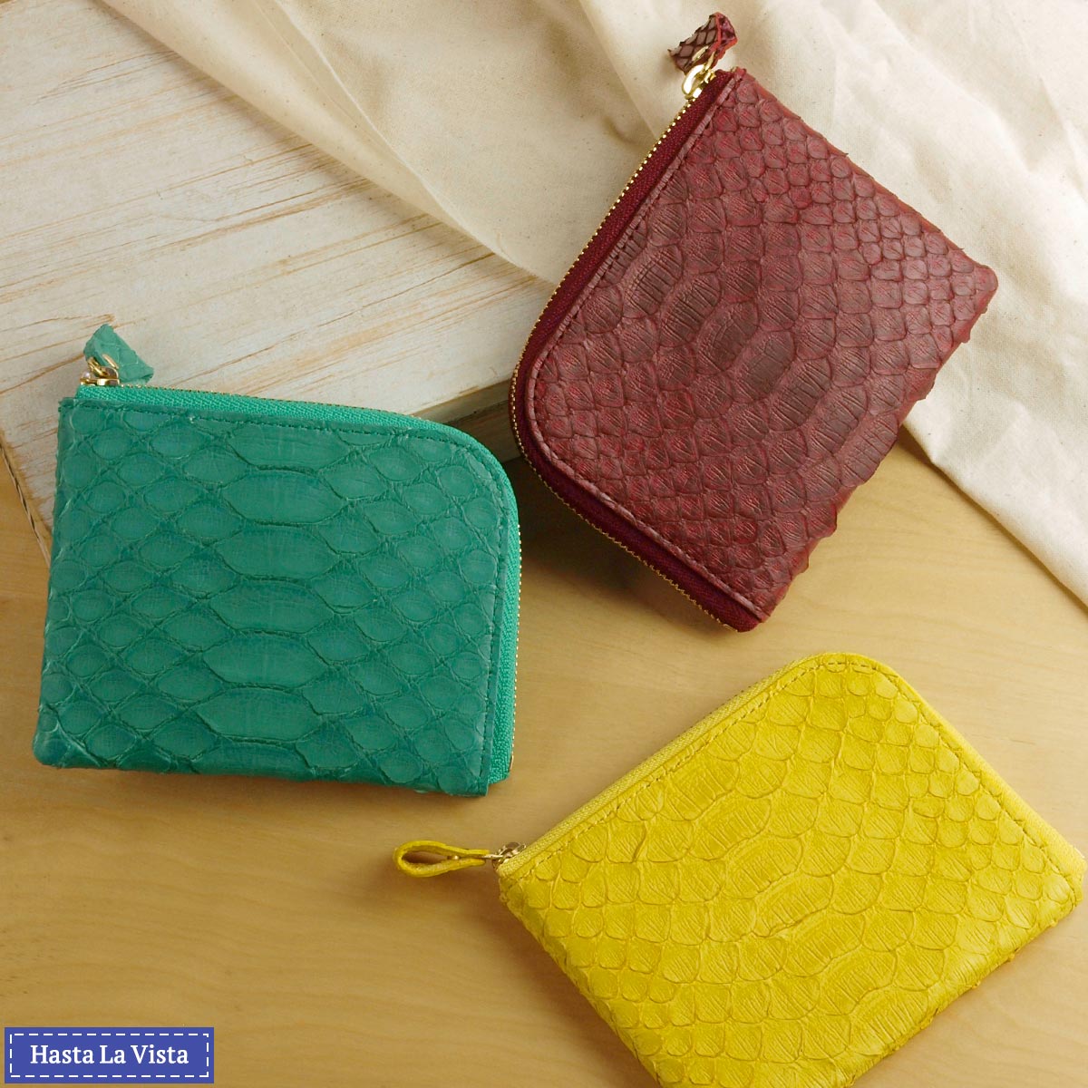 本革 コンパクト 財布 スリム L字ファスナー パイソン革 ヘビ 蛇