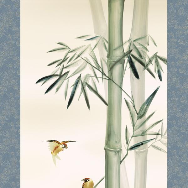 掛け軸 掛軸 花鳥画 年中掛け 季節飾り 竹に雀 尺三 浮田秋水 四季掛け