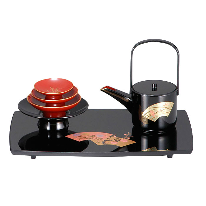 お屠蘇セット おしゃれ 日本製 国産 会津漆器 四ツ揃 屠蘇器 扇面F 黒