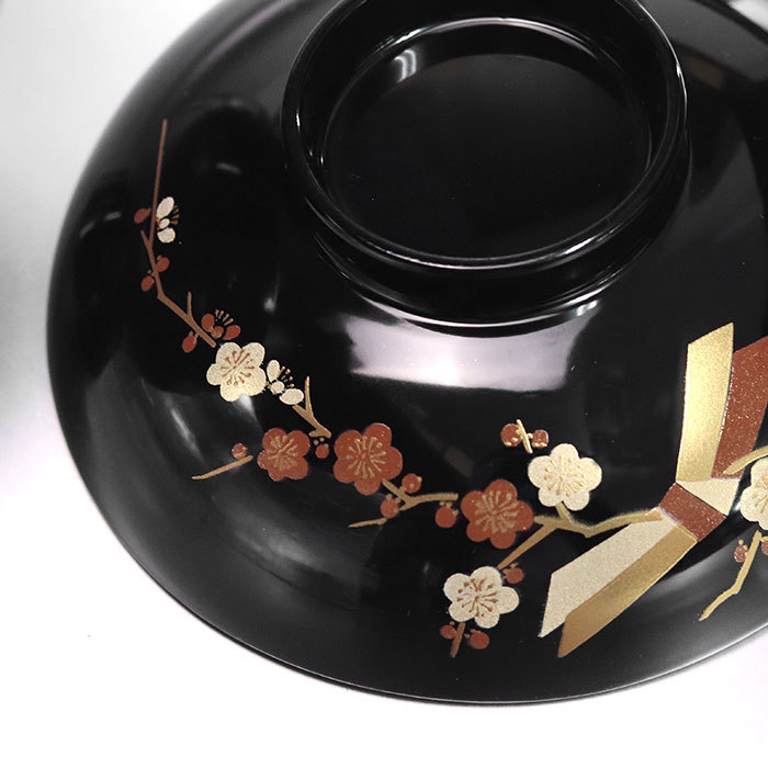 雑煮椀 フタ付き 日本製 国産 会津漆器 結び梅 黒 箱入り おしゃれ