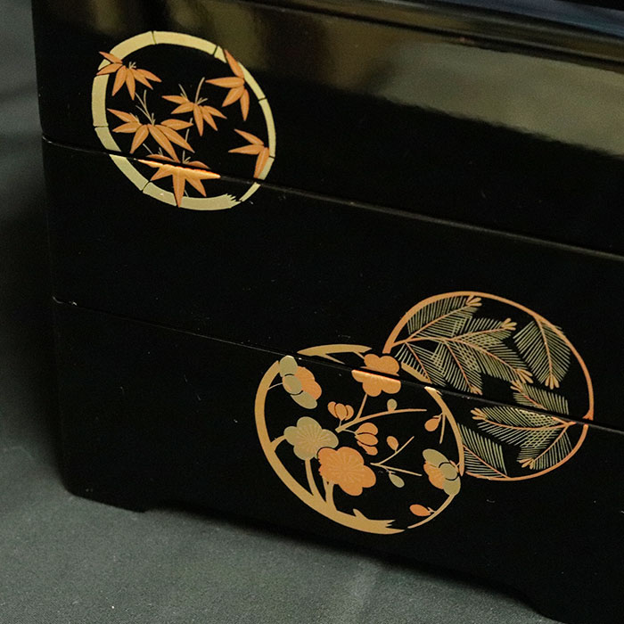 重箱 3段 日本製 国産 会津漆器 6.0 三段重共足 花丸 黒 内朱 6寸 5〜6