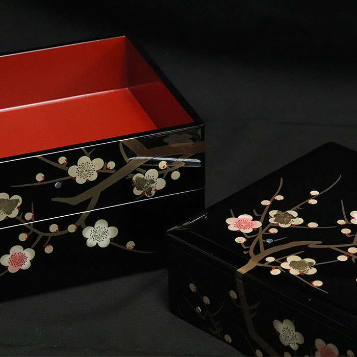 重箱 3段 日本製 国産 会津漆器 黒 6.5 三段重 枝梅 隅丸 6.5寸 5〜6人