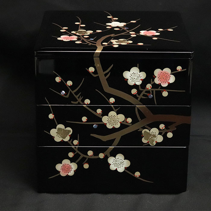 重箱 3段 日本製 国産 会津漆器 黒 6.5 三段重 枝梅 隅丸 6.5寸 5〜6人