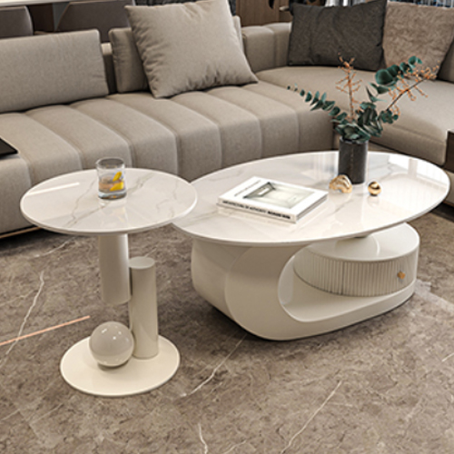 レビュー特典・センターテーブル 大理石調 ローテーブル 楕円形