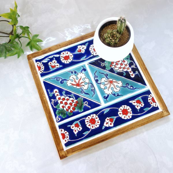 タイル 鍋敷き 花瓶敷き トレー ハンドメイド 手描き トルコタイル