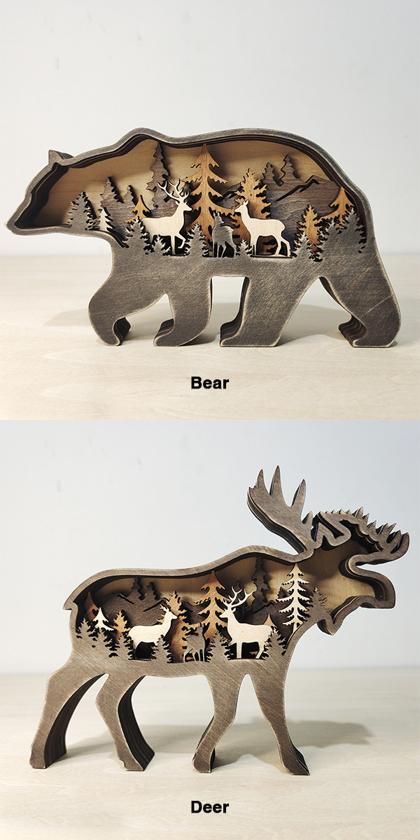 木製 動物の置物 多層彫り クマの置物 鹿 シカ 木彫りの熊 熊の置物