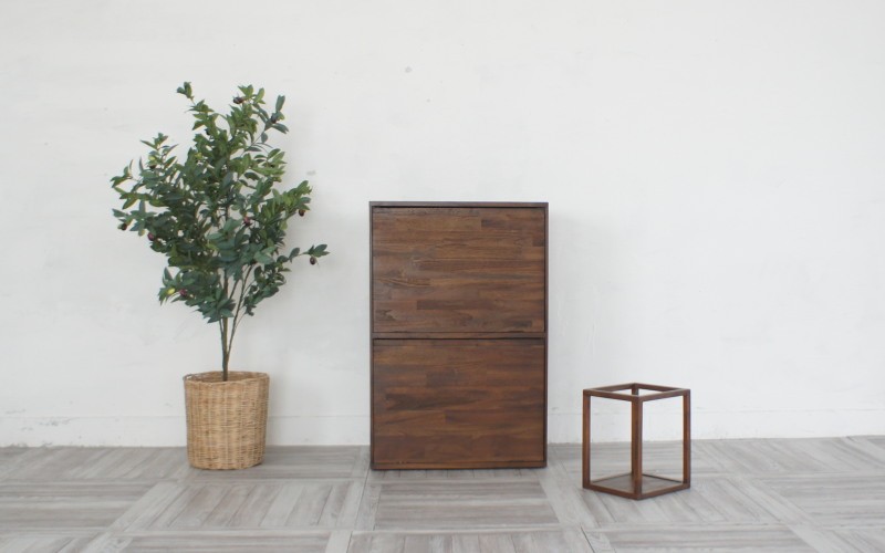 アウトレット ゴミ箱 2段 フタ付き おしゃれ 4つに分別 木製 チーク