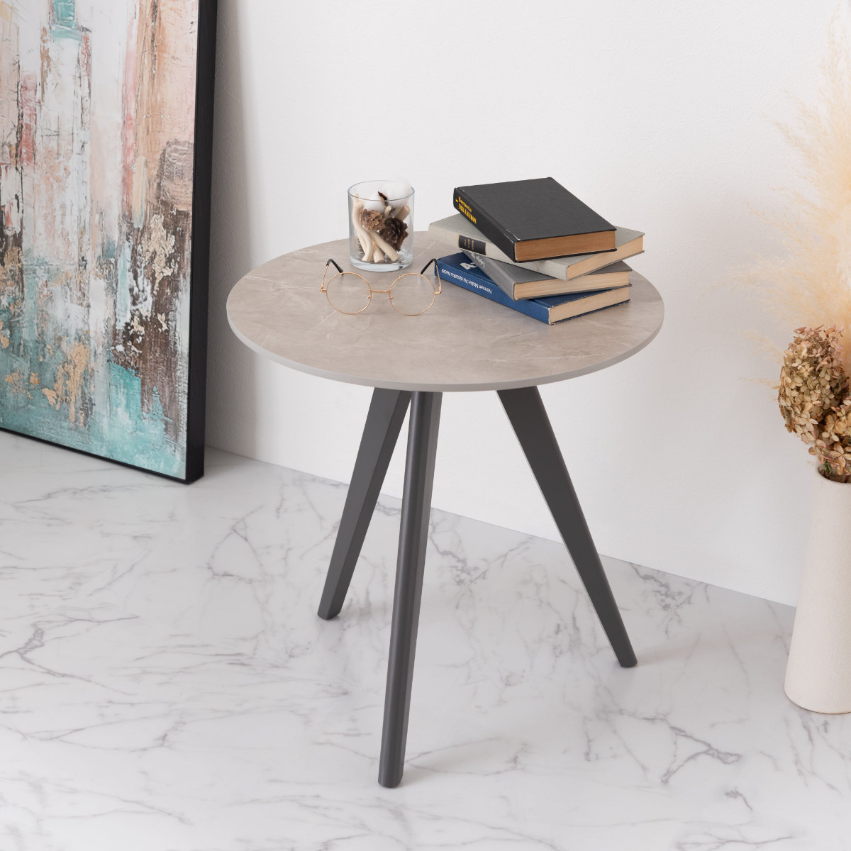 東谷 サイドテーブル 円型 直径50cm 高さ50cm 大理石調 ラウンドサイド