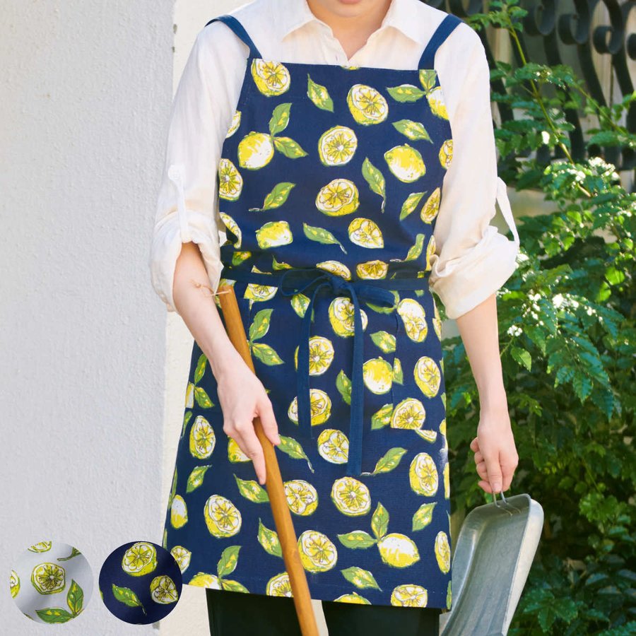 エプロン 綿100％ ポケット付き レモン柄 アグリューム （ キッチン