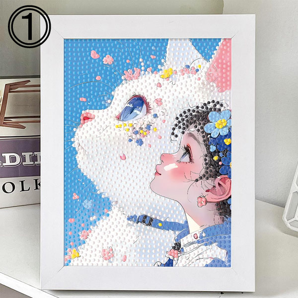 木製フレーム付き ダイヤモンドアート 刺繍キット 白猫 女の子 アニメ