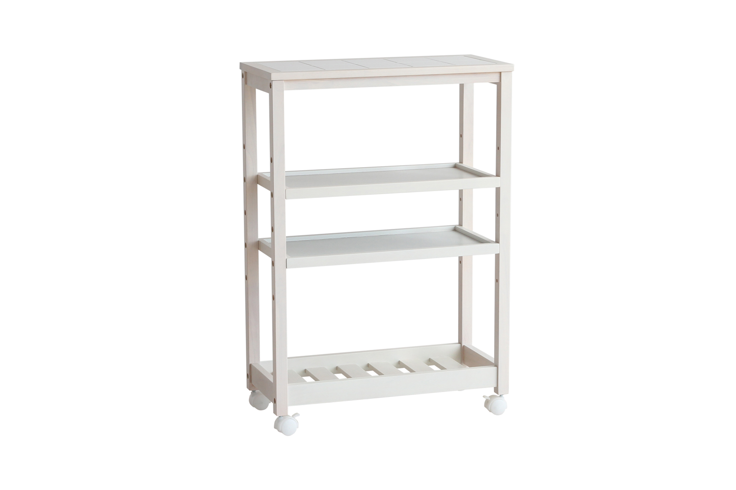 キッチンワゴン キャスター付 4段ワゴン 天然木 木製 ワゴン タイル