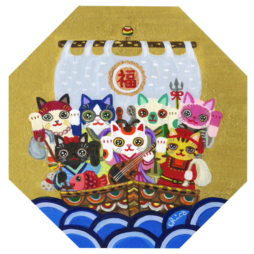 とやちかこ：新作 原画】Seven Gods of Fortune Cats（まねきまねこ