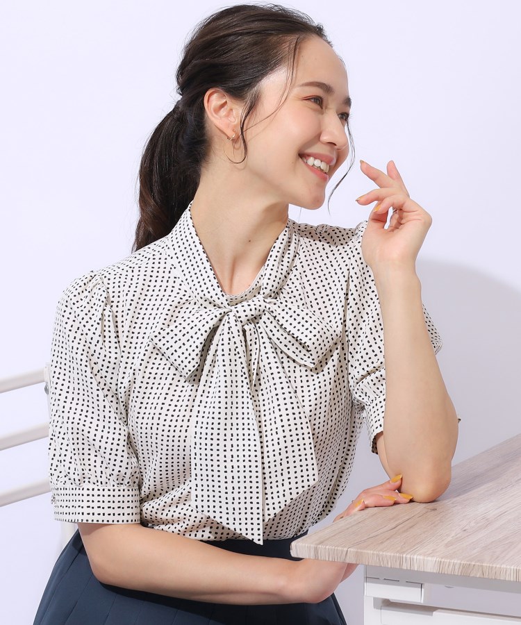 ブラウス シャツ リボンニットツイードショートプルオーバーブラウス