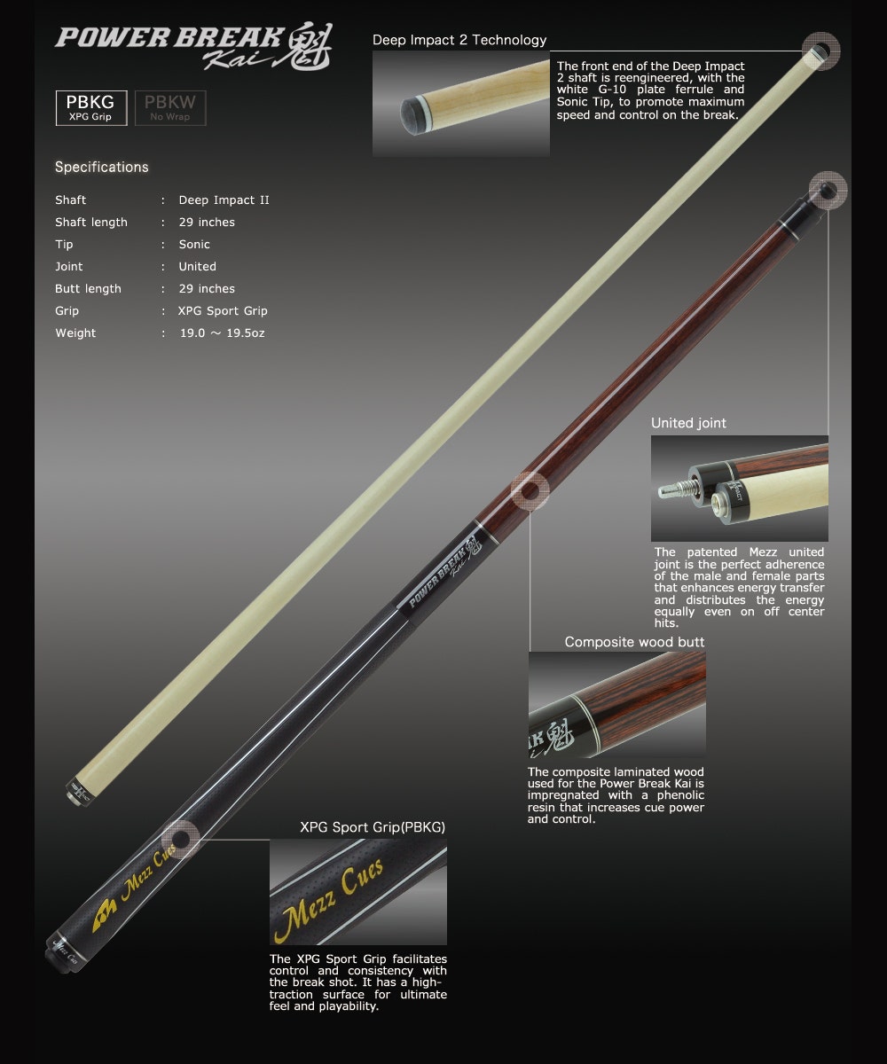 Mezz Power Break Kai Break Cue PBKG-K - XPG Sport Grip - Black