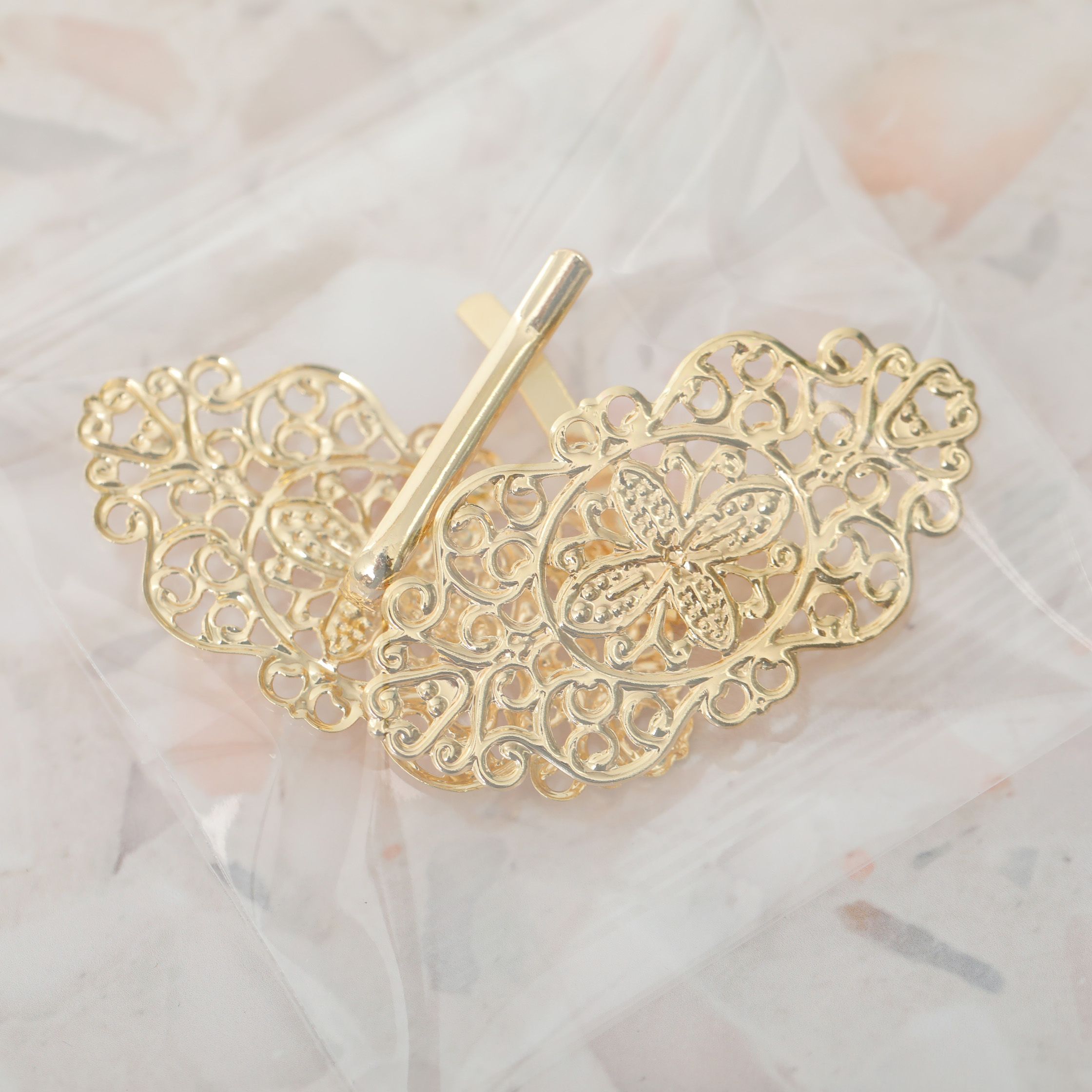 2個入り】 ポニーフック ヘアアクセサリー 透かしパーツ付き ゴールド