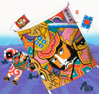 奴凧や津軽凧等の和凧が乱舞する正月[02237009485]の写真・イラスト