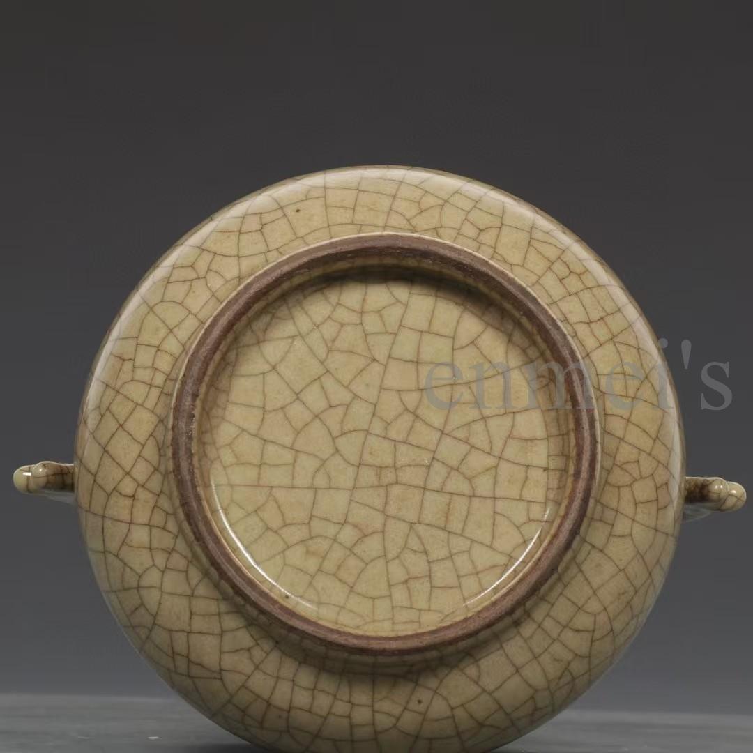 中国古美術・清哥窯款・米黄釉双耳香炉・木箱付・文房具・陶磁器・置物