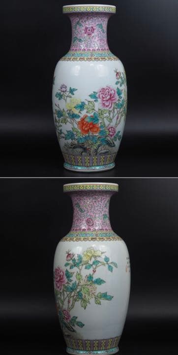 送料無料時代物『中国景徳鎮製』花鳥漢詩手書き粉彩花瓶高さ