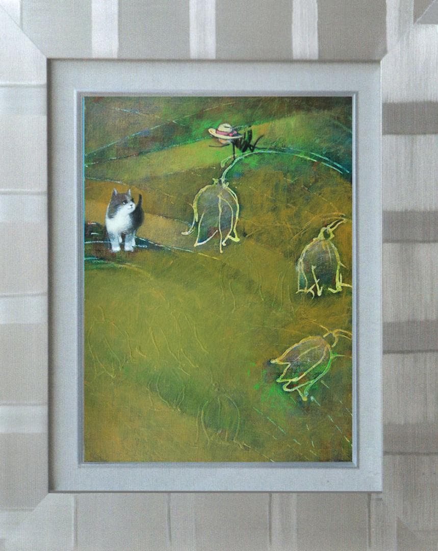 絵画額付( 青緑＋金色の枠) 油絵F4-030219 子猫（子犬）と女の子