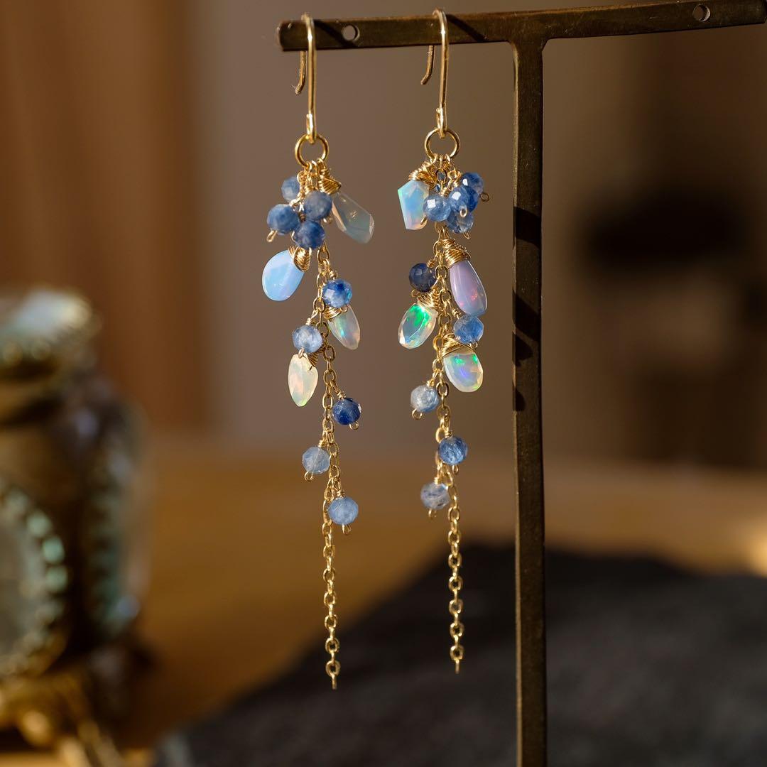 14kgfカラーオパールロングピアス/イヤリング ロングチェーン オパール ピアス 14KGF (両耳用) | TSUBUZ