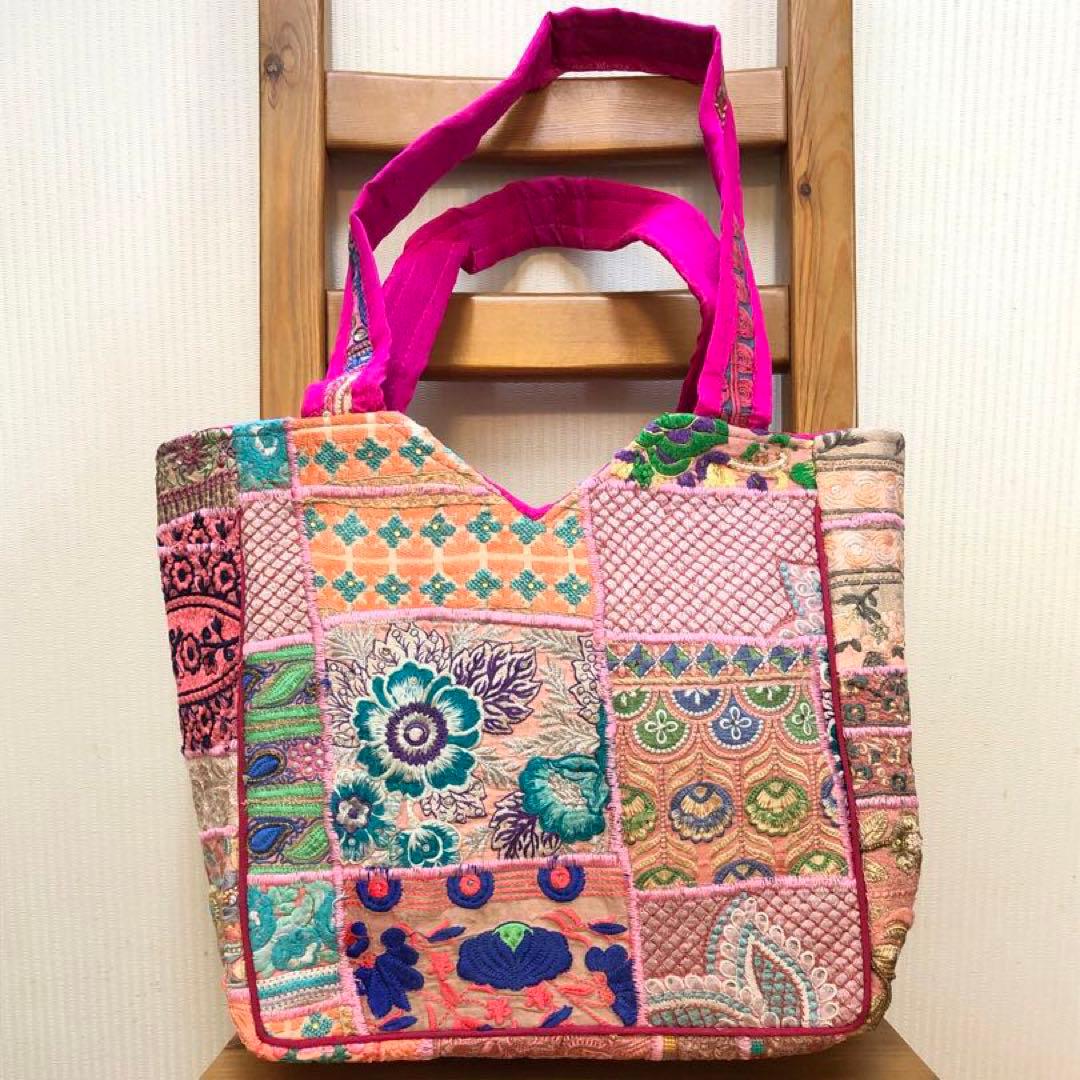 アジアン エスニック インド サリー 刺繍 パッチワーク トート バッグ