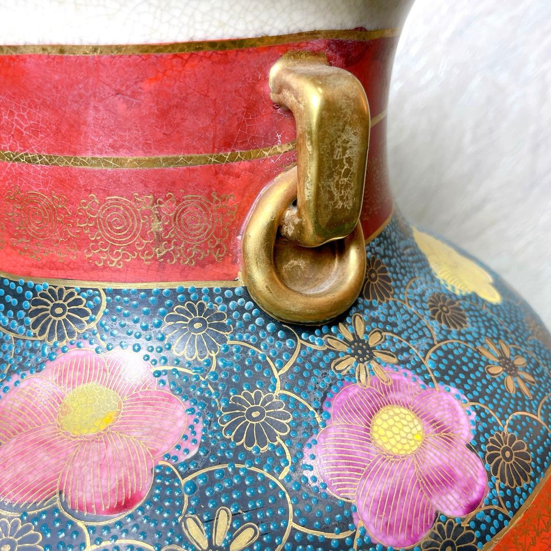 高級！骨董品 薩摩焼 大瓶 金蘭手染錦花絵図 金錦 耳付 壺