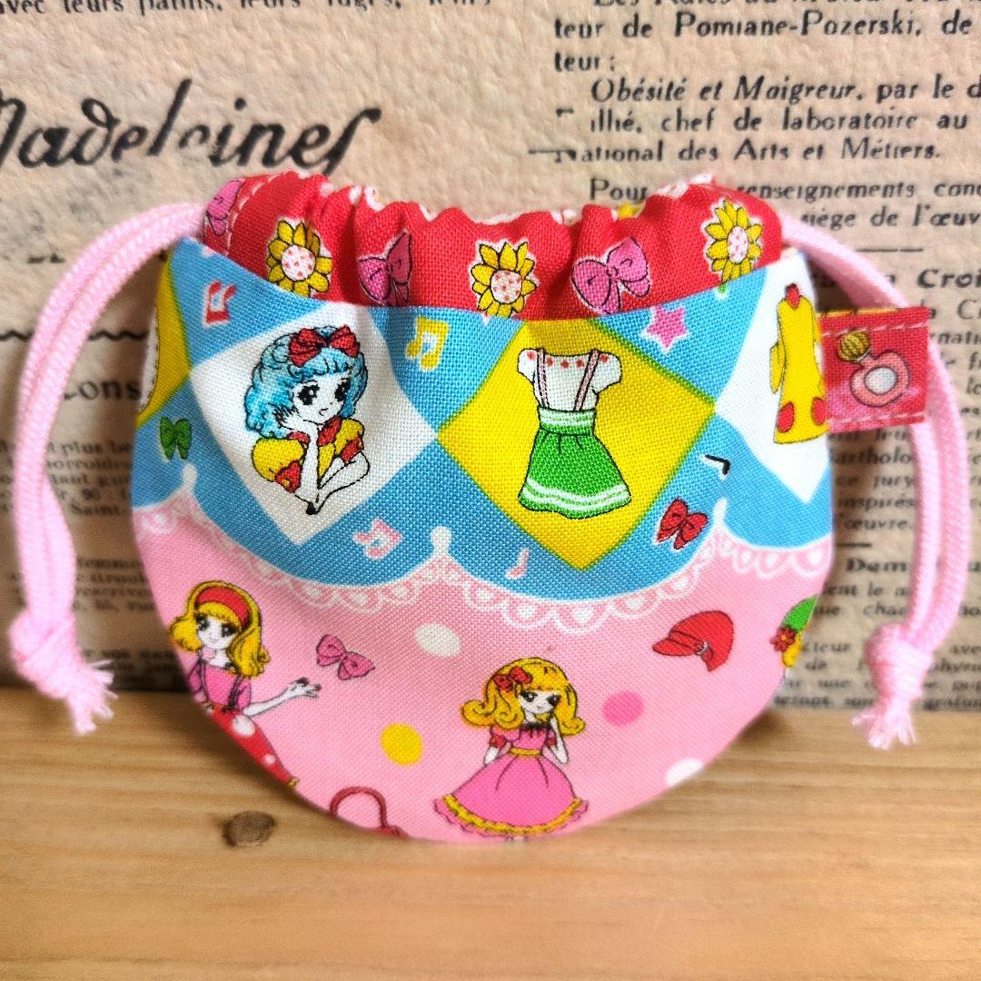 ハンドメイド ミニミニ まるい巾着 (レトロ柄 おとめちっく チェリー