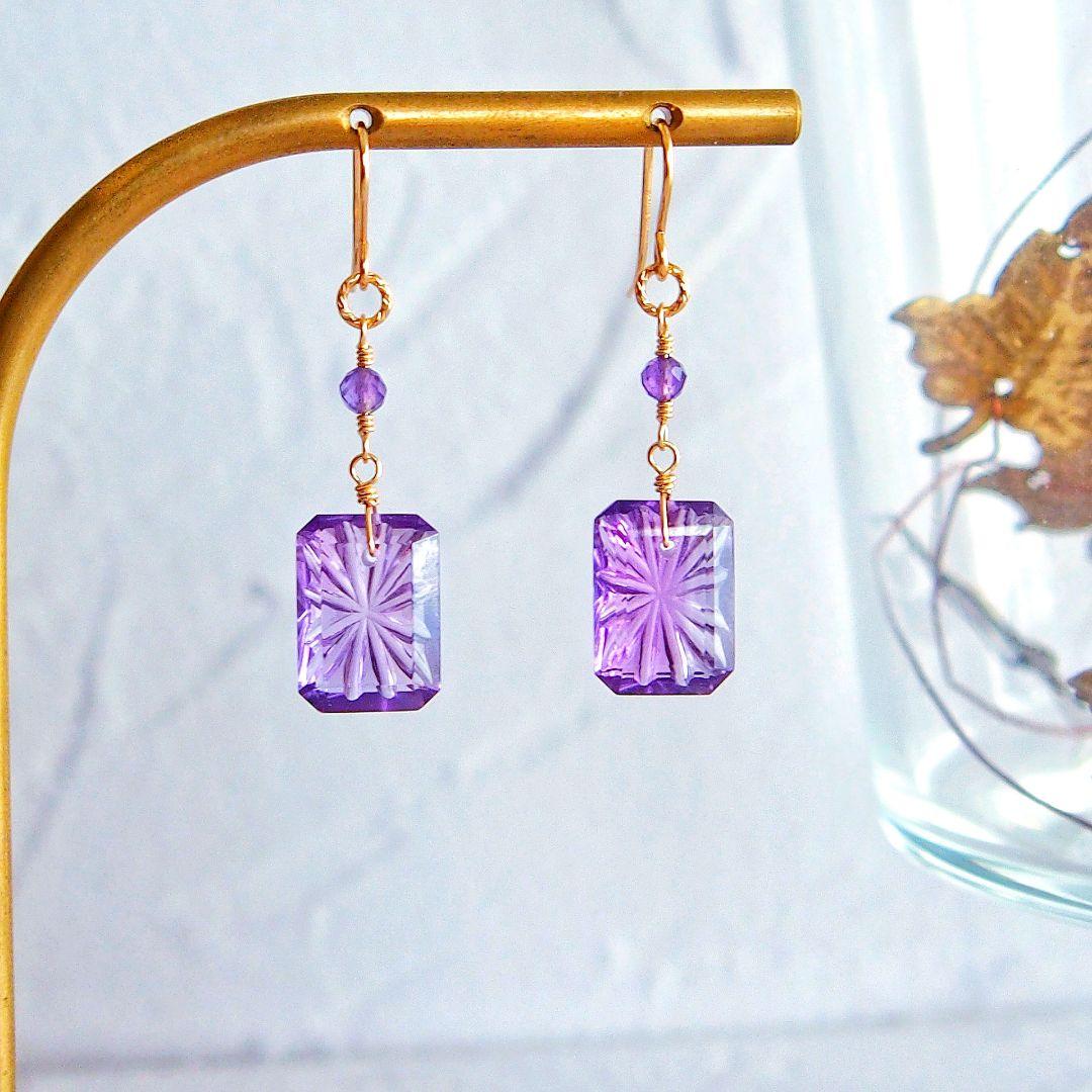 宝石質✨アメジスト　バックカービング　ピアス　14kgf 14kgfアメジストピアス | 楠 kusunoki