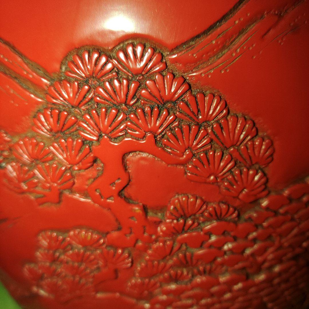 越後村上堆朱 山水図大花瓶 共箱付き