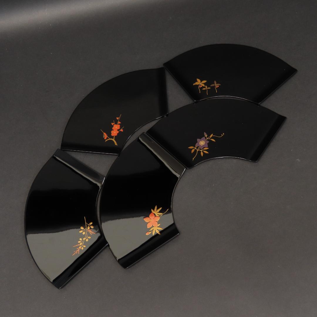⭕393 美品 高級輪島塗 漆工房謹製 本金蒔絵草花 絵変 銘々皿5客 煎茶