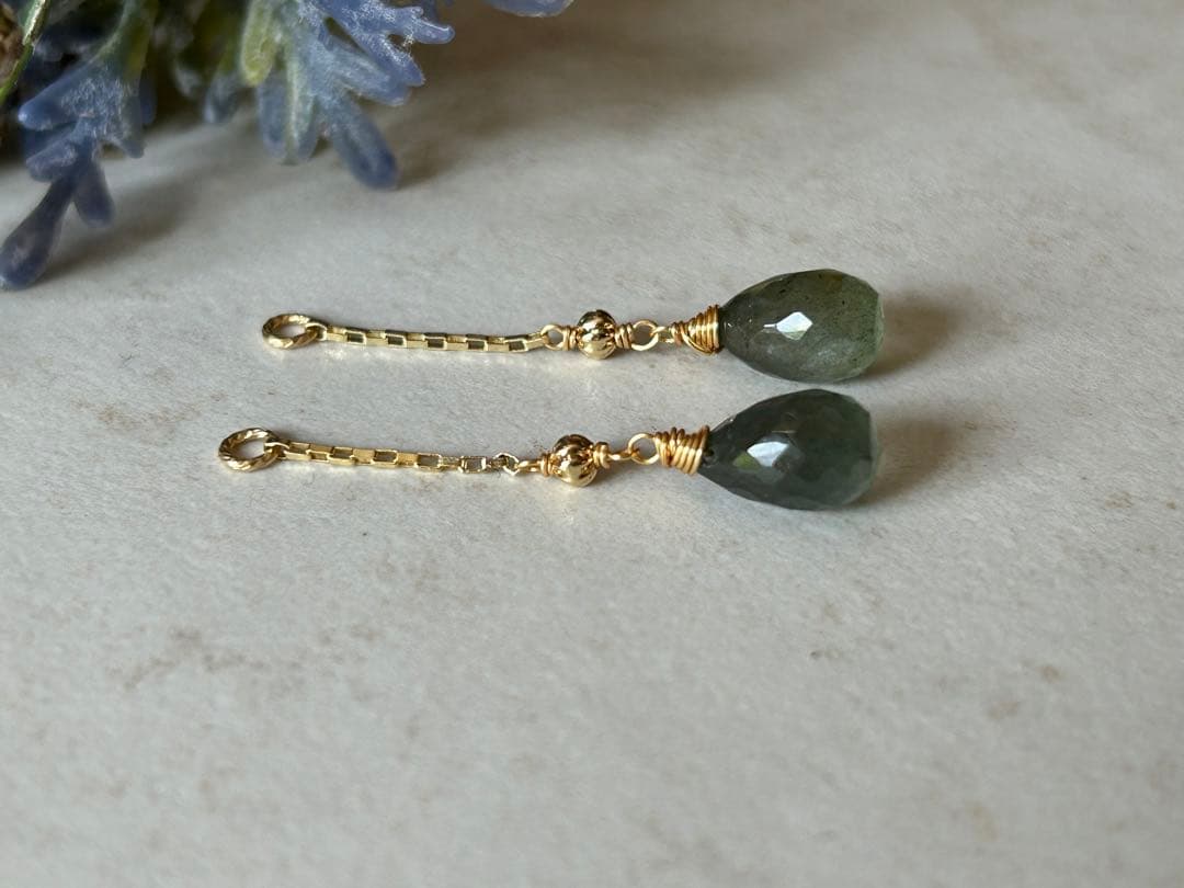 14KGF 大粒モスアクアマリンのチャーム モスアクアマリン マーキスカット 1粒ピアス ダークブルー 14kgf