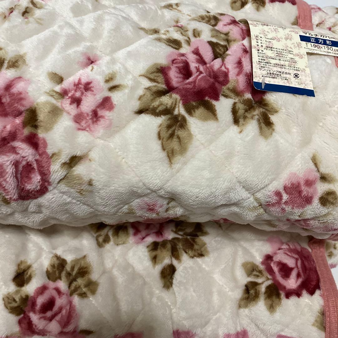 バラ花柄 マルチカバー 正方形 190×190 ラグ 上敷 こたつ ローズピンク